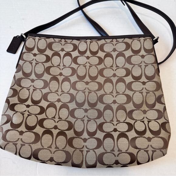 Coach Brown Tan Signature Canvas Crossbody Bag Handbag Purse Leather Trim - Picture 8 of 12
